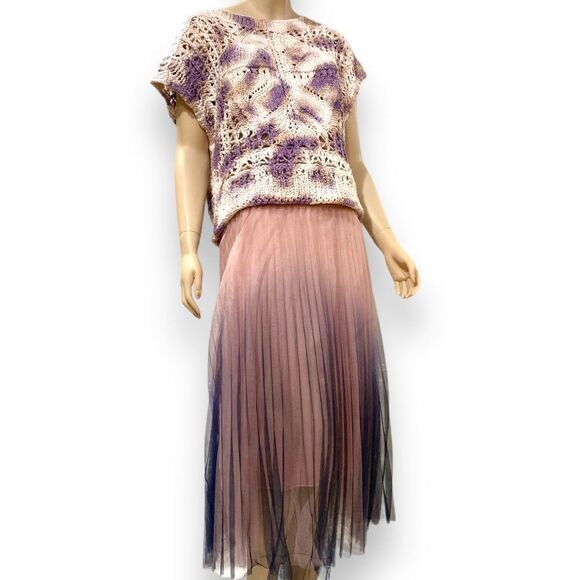 High Waist Pink Pleated Multi Layer Mesh Midi Skirt - NEW - Picture 2 of 3